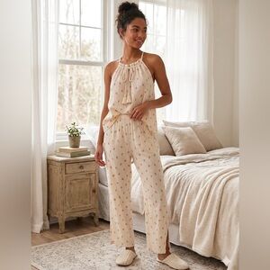 Light Cream Halter Pajama Set with Tassel Tie